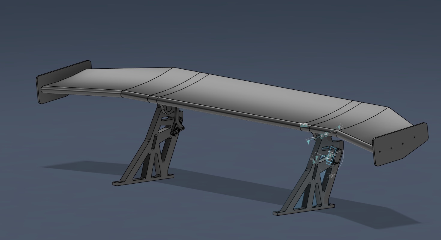 CAD render of the complete assembly: wing element, both support brackets and the servos