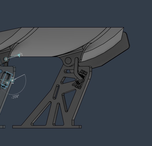 CAD close-up of the actuation mechanism, servo and hinge axis