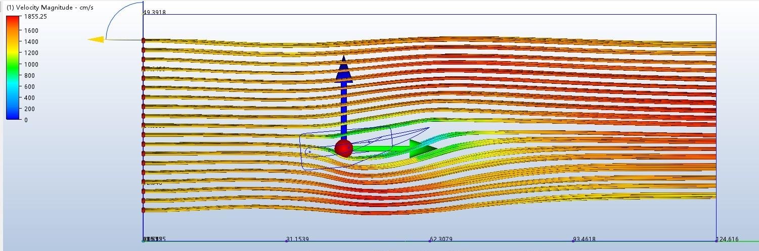 CFD streamlines at plus 5 degrees: flow bends around the wing but stays attached