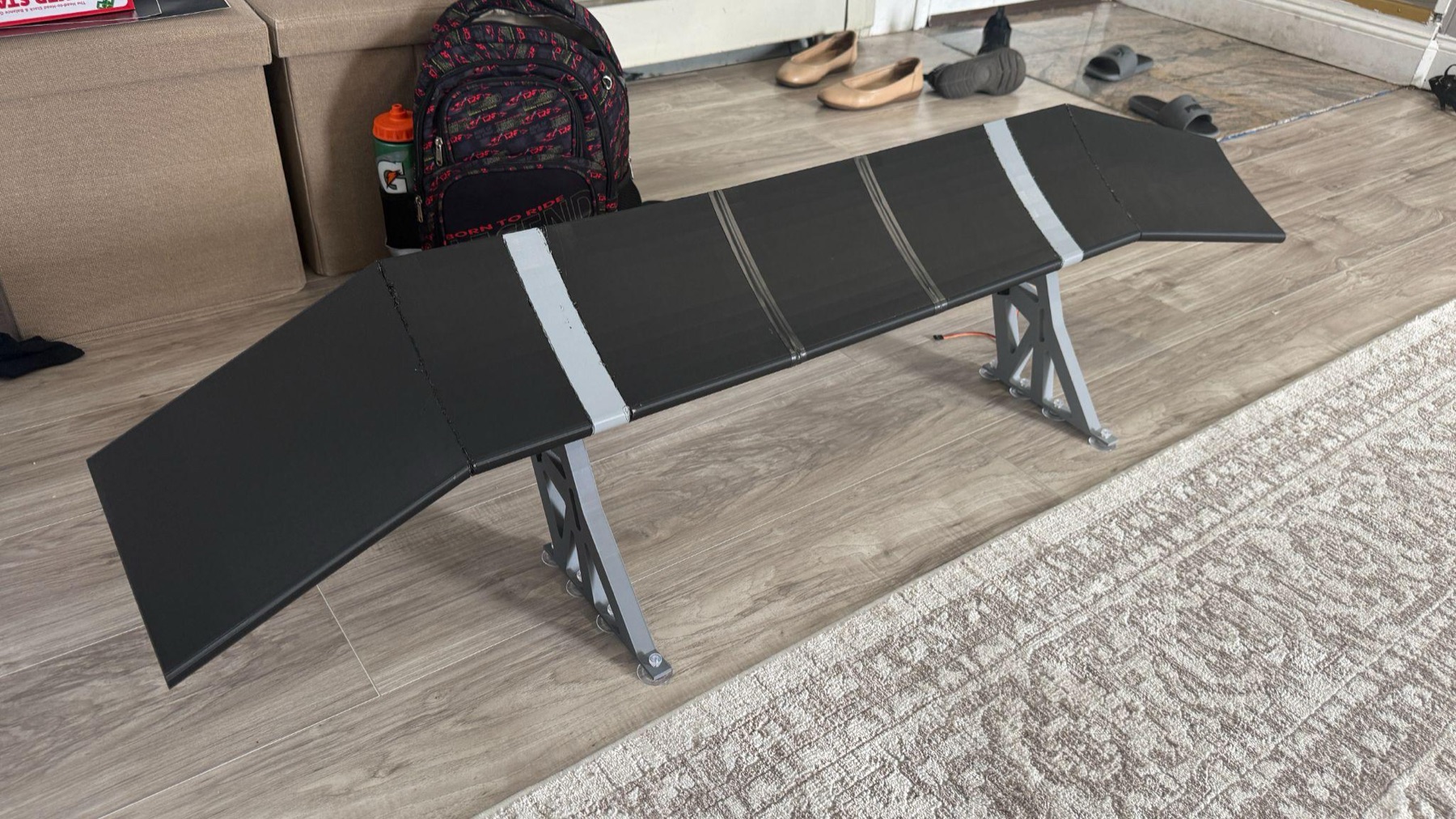 The fully assembled and welded 1400mm wing element with endplates, on the floor